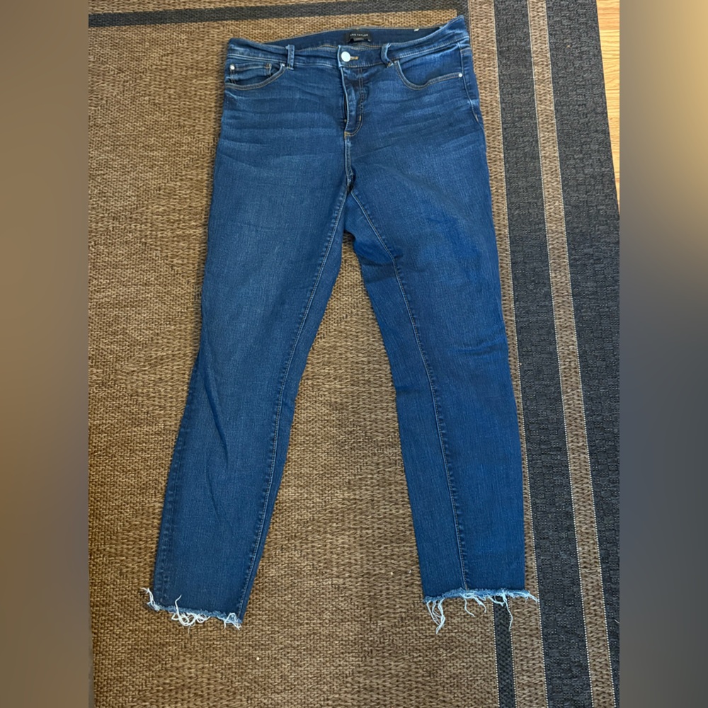 Ann Taylor Dark Blue Skinny Jeans with Frayed Hem